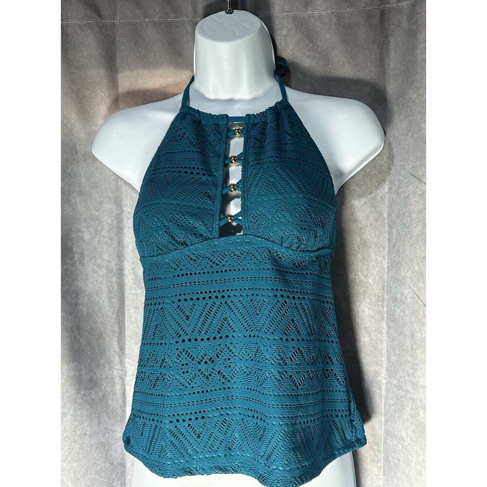 Salt + Cove TEAL BLUE Juniors' Crochet High-Neck Tankini Swim Top, US size Med